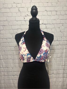 White Paisley Halter Bikini Top xL and L Bottoms- Blue & Pink Print